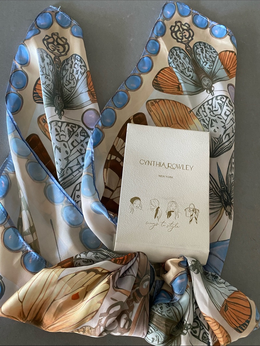 Cynthia Rowley Statement Butterfly Scarf Blue Orange Cream Brown Grey Yellow NWT